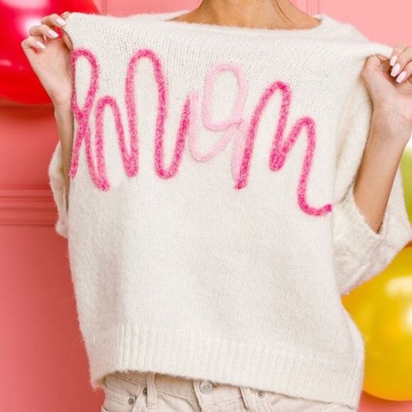 BiBi Metallic Letter Embroidered Mom Puff Sleeve Fuzzy Sweater - Picture 1 of 6